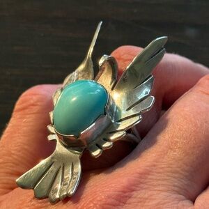 Vintage Thunderbird Gem Turquoise Signed Sterling 915  Handmade Sz. 7 Ring rare!